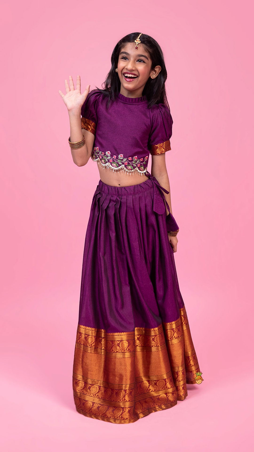 Pre Order: Purple Floral Embroidered Top And Pleated Lehenga