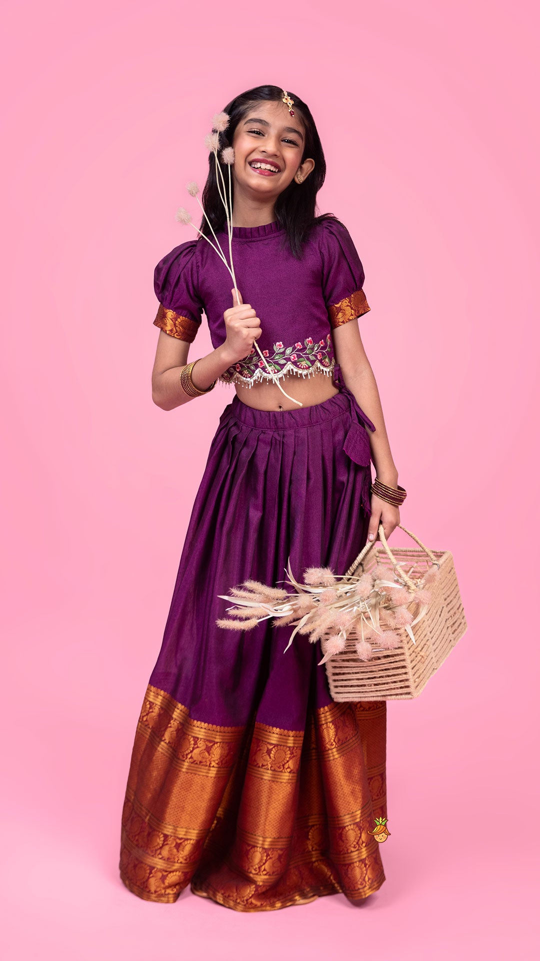 Pre Order: Purple Floral Embroidered Top And Pleated Lehenga