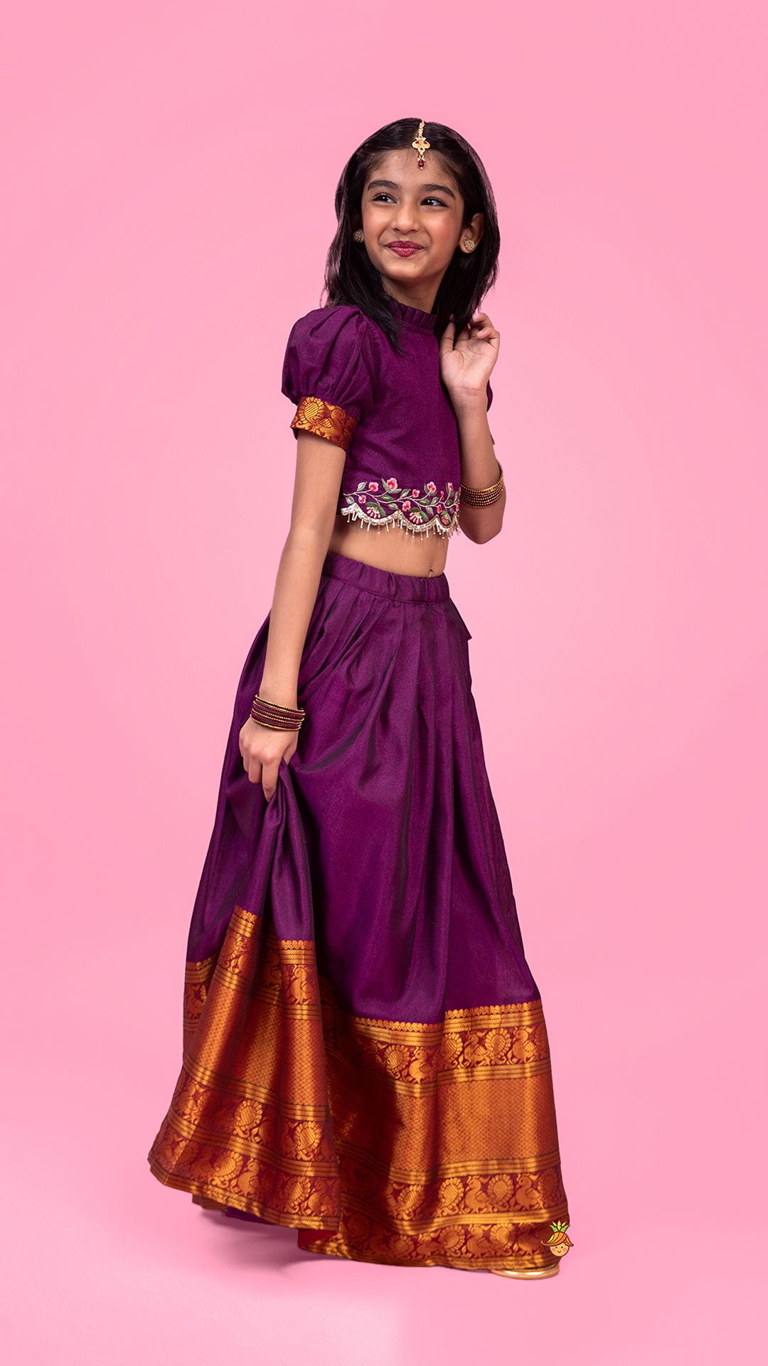 Pre Order: Purple Floral Embroidered Top And Pleated Lehenga