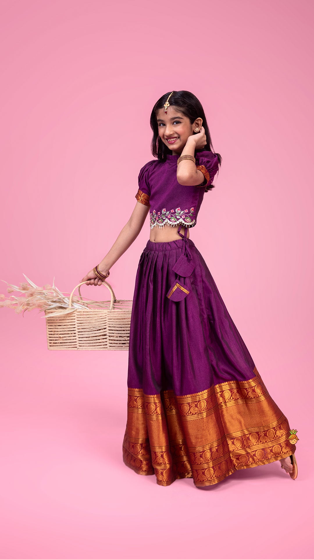 Pre Order: Purple Floral Embroidered Top And Pleated Lehenga