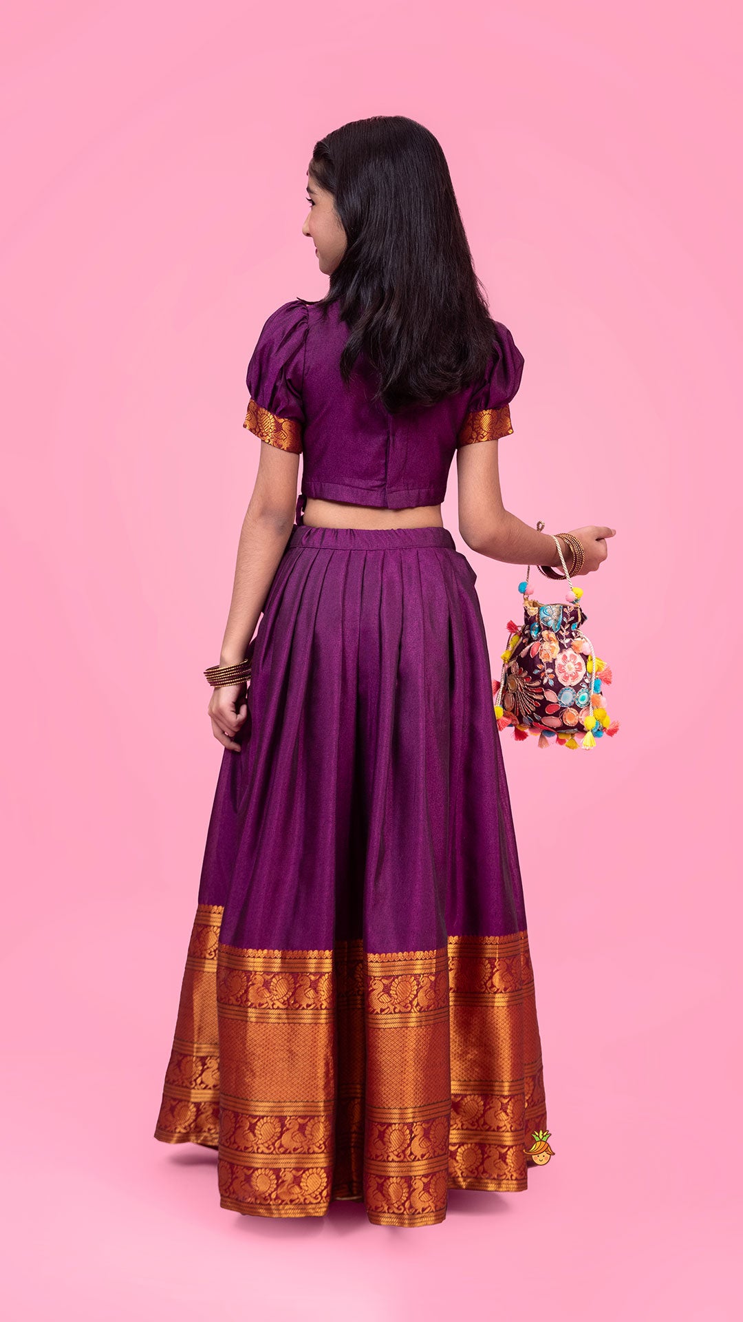 Pre Order: Purple Floral Embroidered Top And Pleated Lehenga