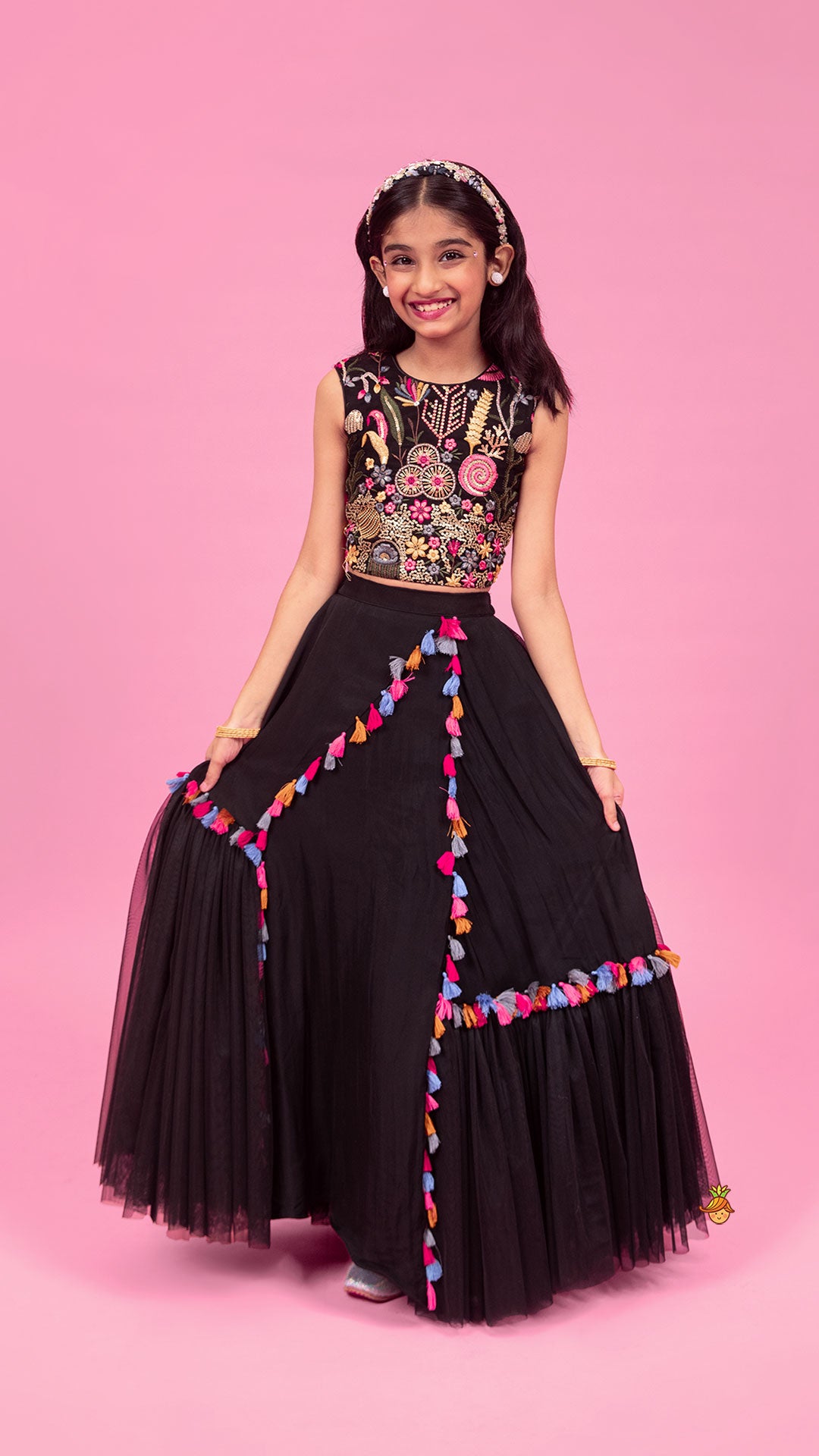 Pre Order: Multicoloured Embroidered Top And Lehenga