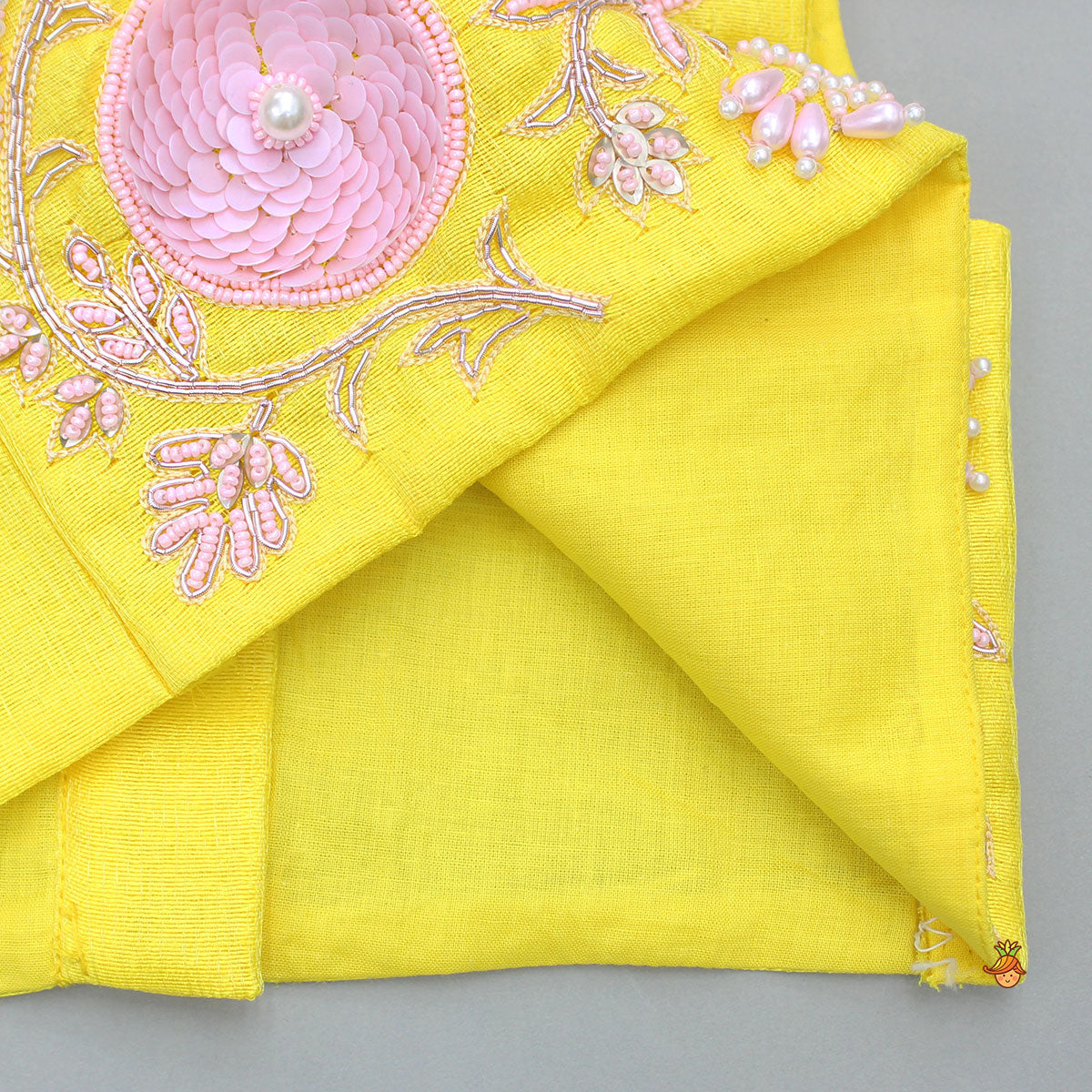 Pre Order: Yellow Embroidered Top And Pink Flared Lehenga