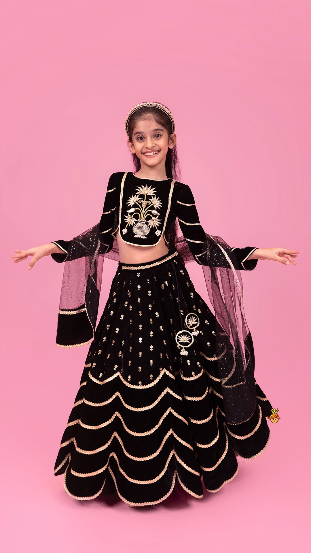 Pre Order: Black Embroidered And Embellished Top With Lehenga And Dupatta