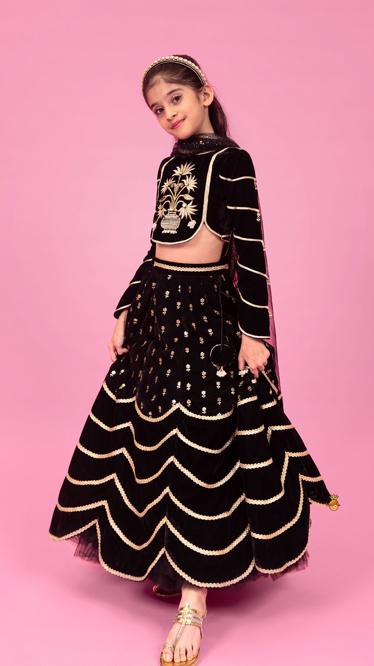 Pre Order: Black Embroidered And Embellished Top With Lehenga And Dupatta