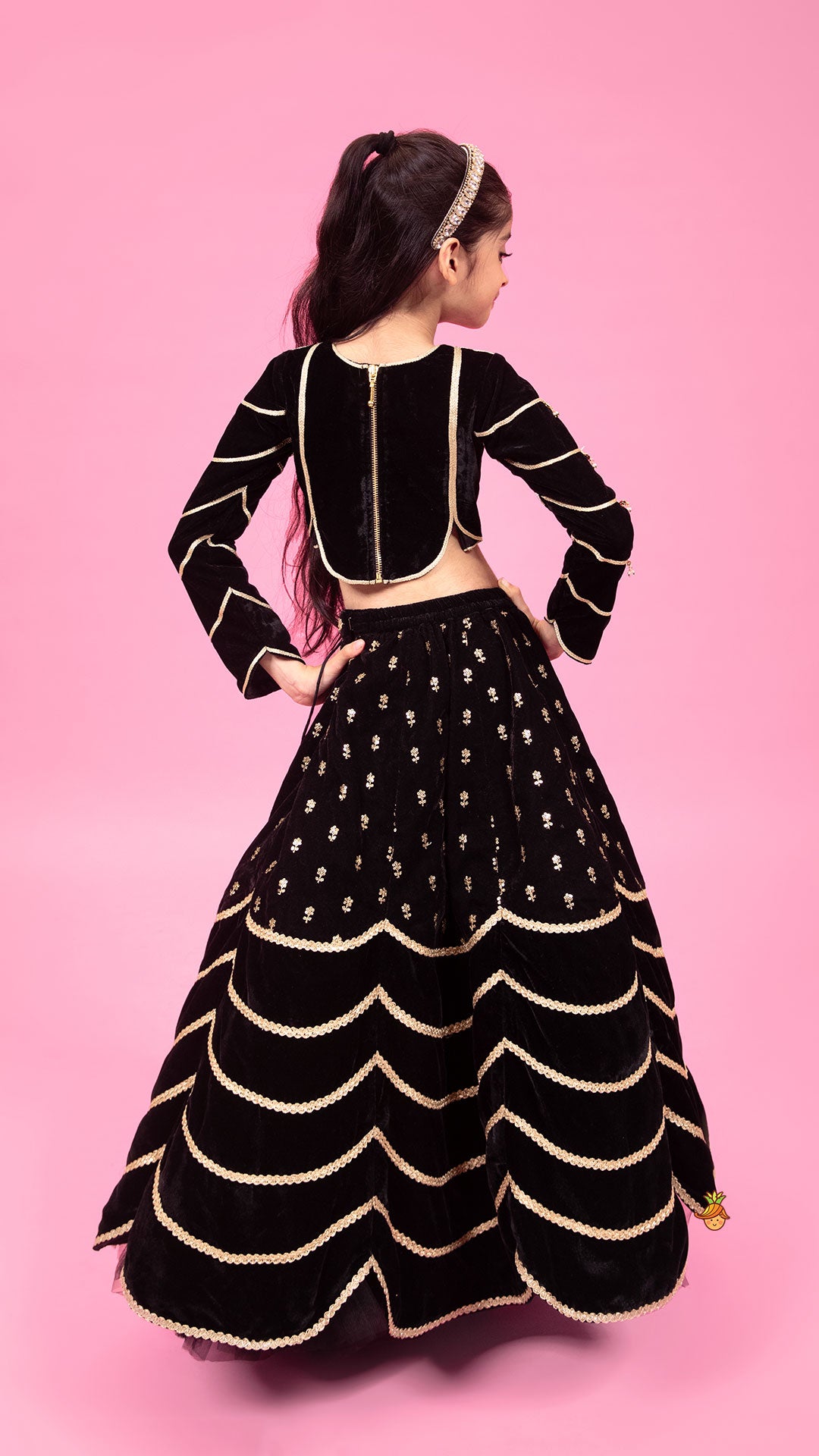 Pre Order: Black Embroidered And Embellished Top With Lehenga And Dupatta