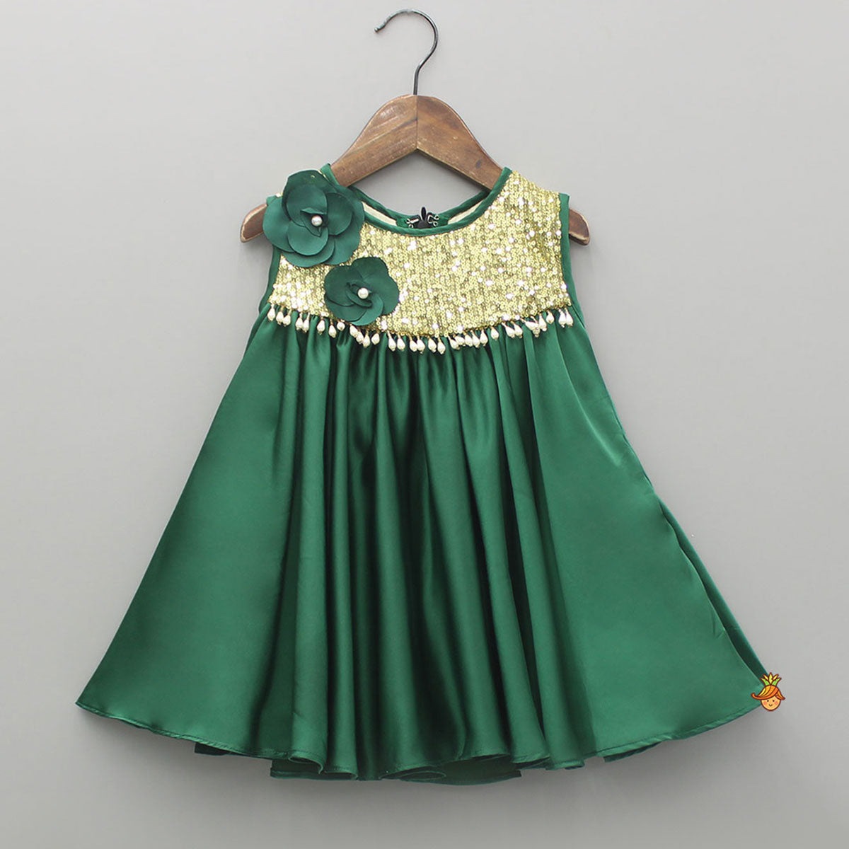 Pre Order: Green Sequin Yoke Embellished Flared Dress