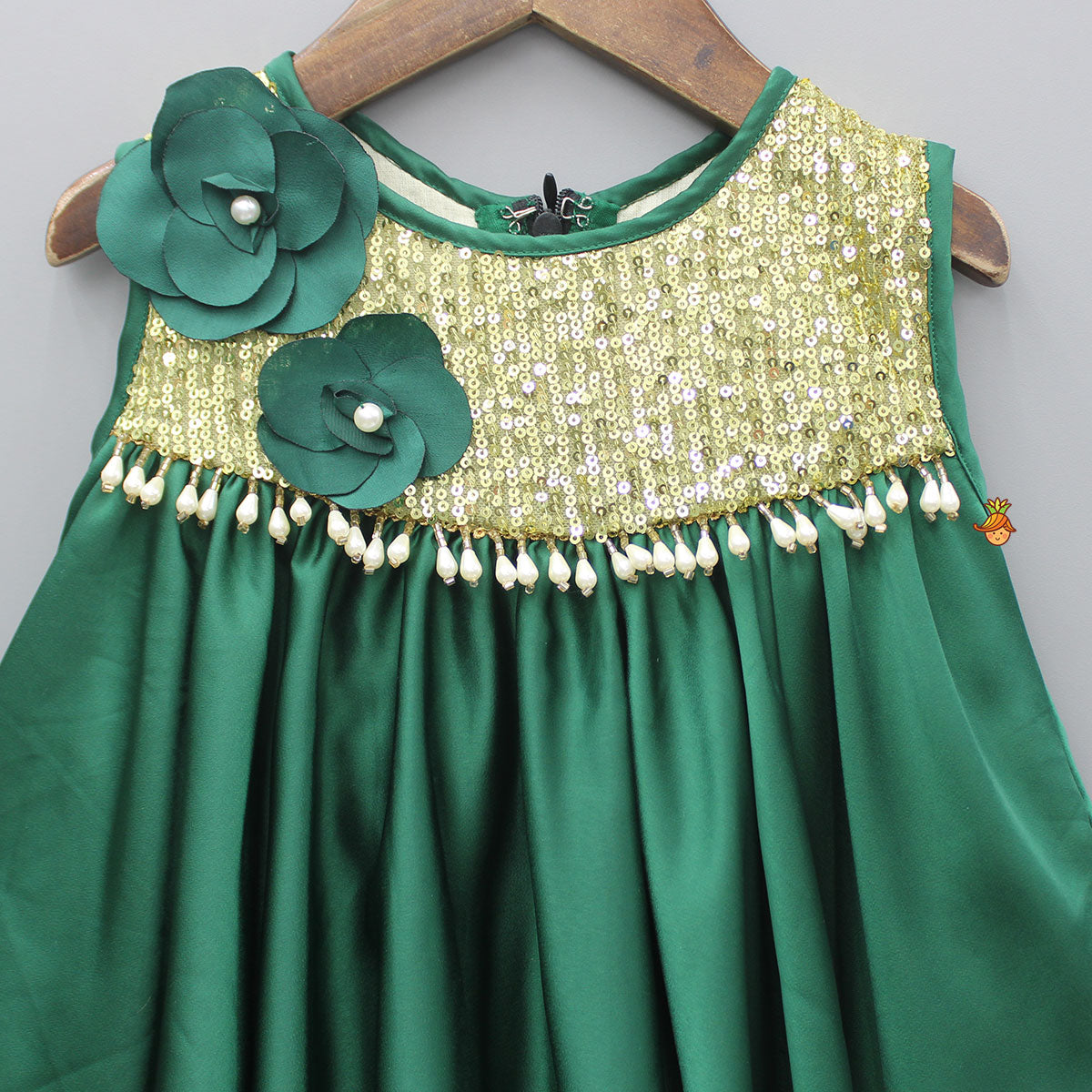 Pre Order: Green Sequin Yoke Embellished Flared Dress