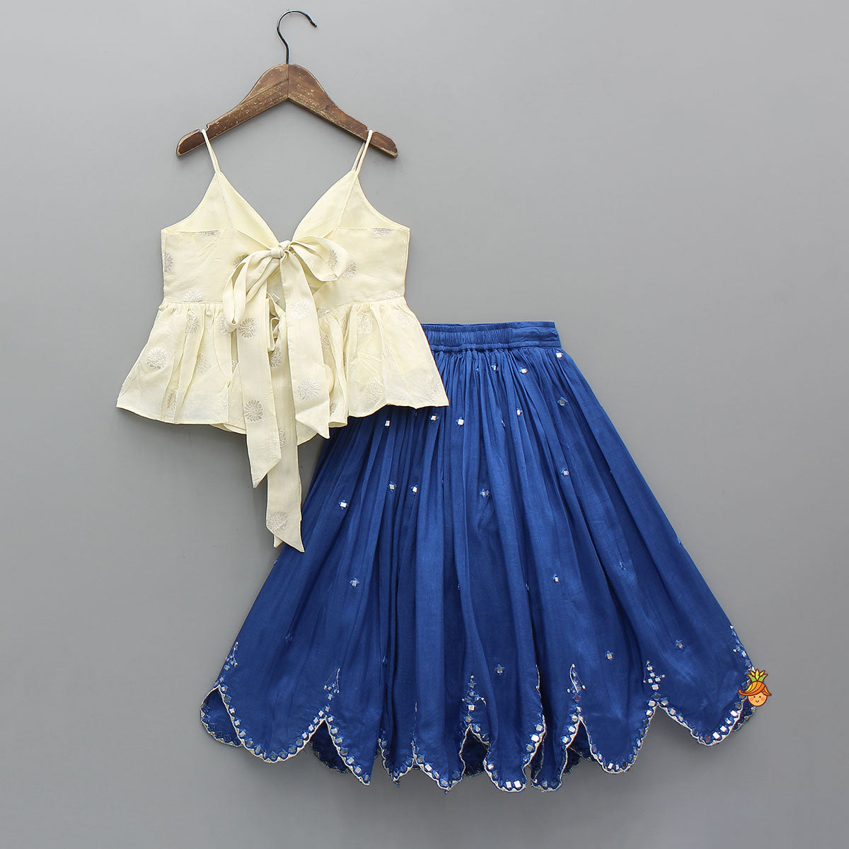 Pre Order: Off White Tie Up Strap Top And Faux Mirror Work Lehenga