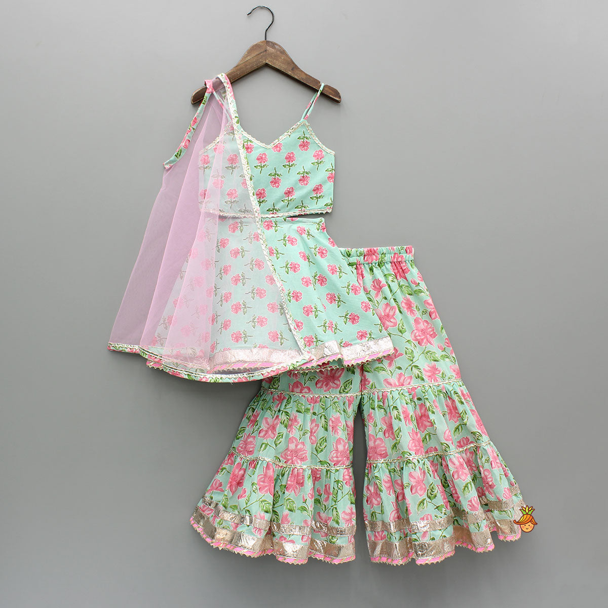 Pre Order: Floral Printed Stylish Backless Kurti With Sharara And Dupatta