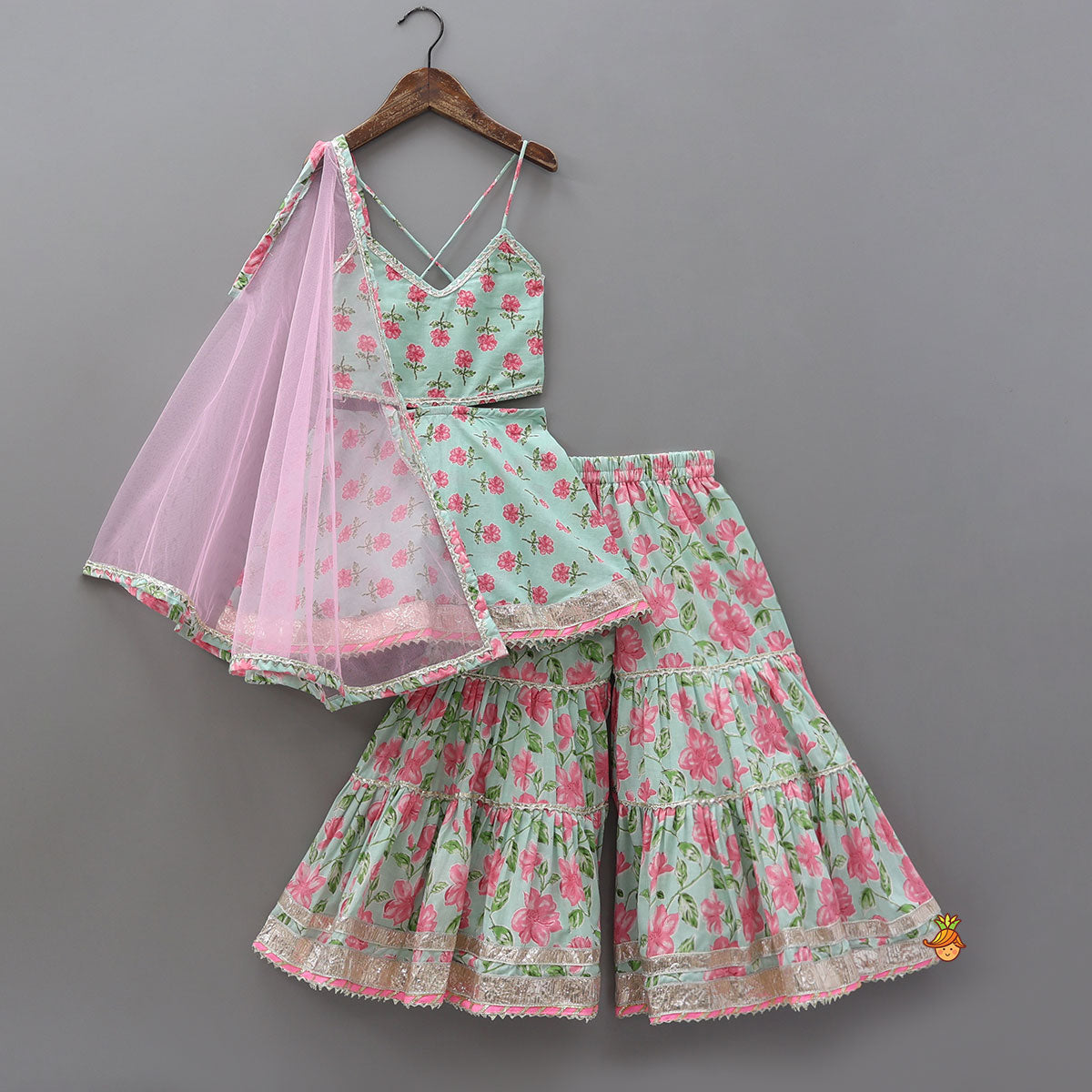 Pre Order: Floral Printed Stylish Backless Kurti With Sharara And Dupatta