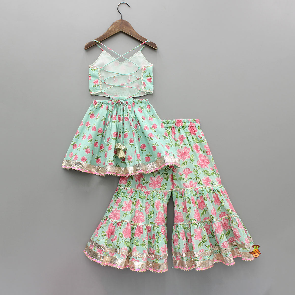 Pre Order: Floral Printed Stylish Backless Kurti With Sharara And Dupatta