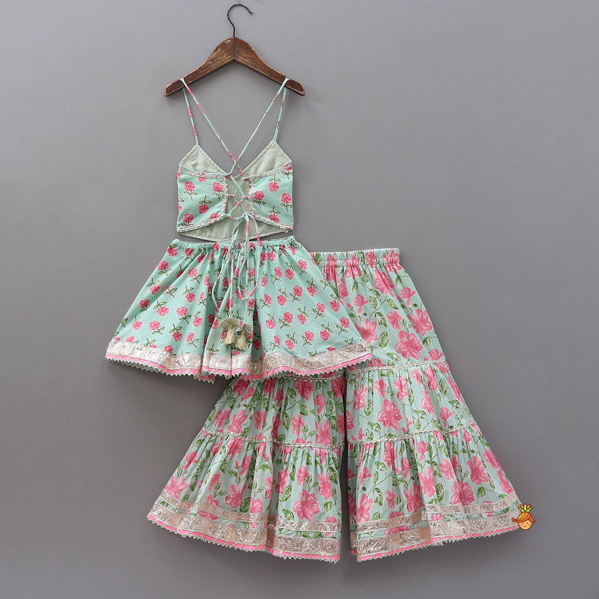Pre Order: Floral Printed Stylish Backless Kurti With Sharara And Dupatta