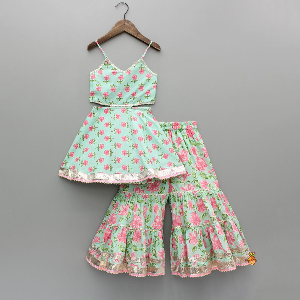 Pre Order: Floral Printed Stylish Backless Kurti With Sharara And Dupatta