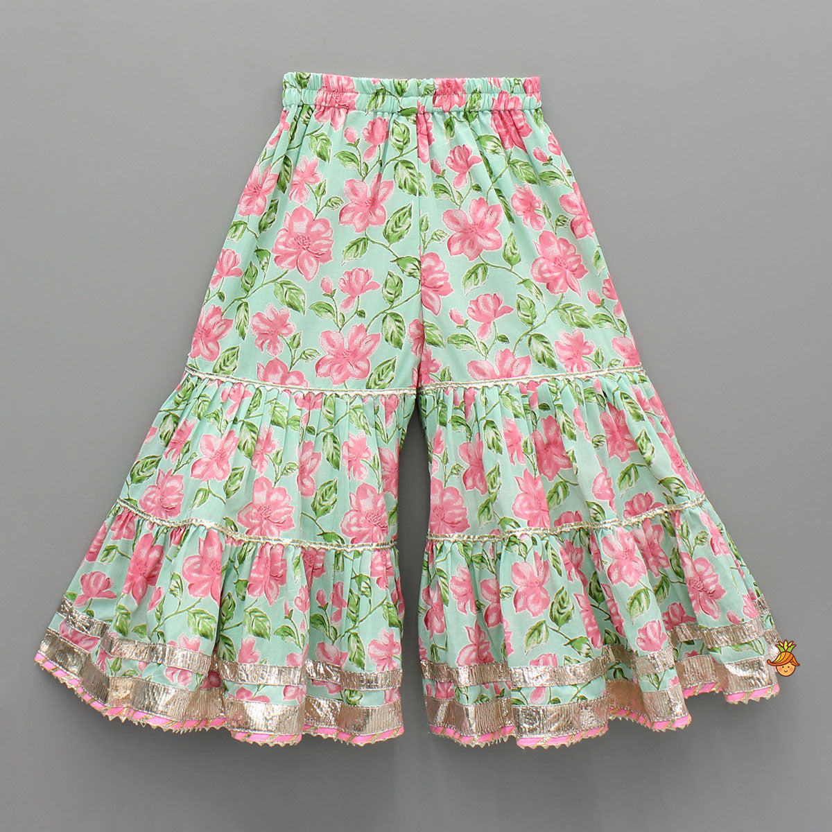 Pre Order: Floral Printed Stylish Backless Kurti With Sharara And Dupatta