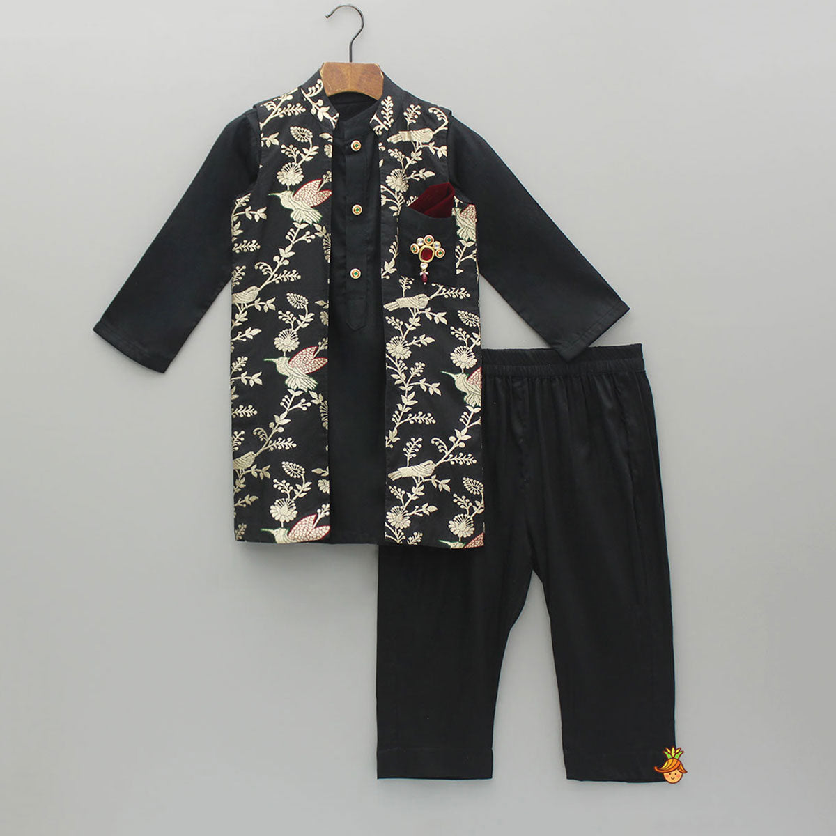 Pre Order: Black Kurta With Embroidered Jacket And Pyjama