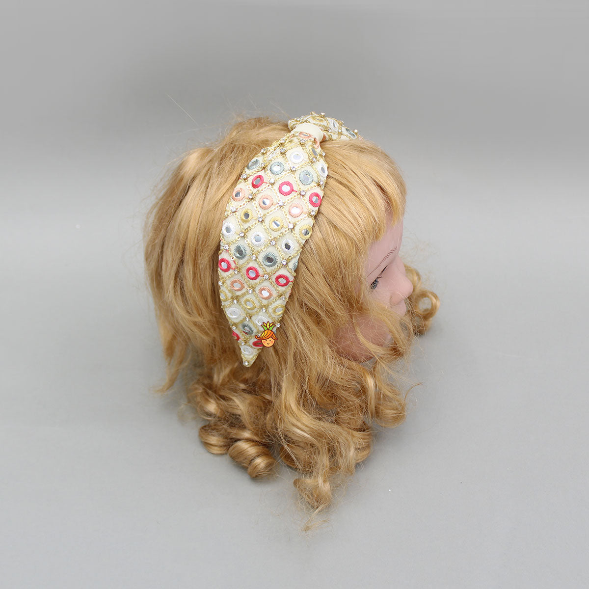 Beige Multicolour Faux Mirror Embroidered Hairband