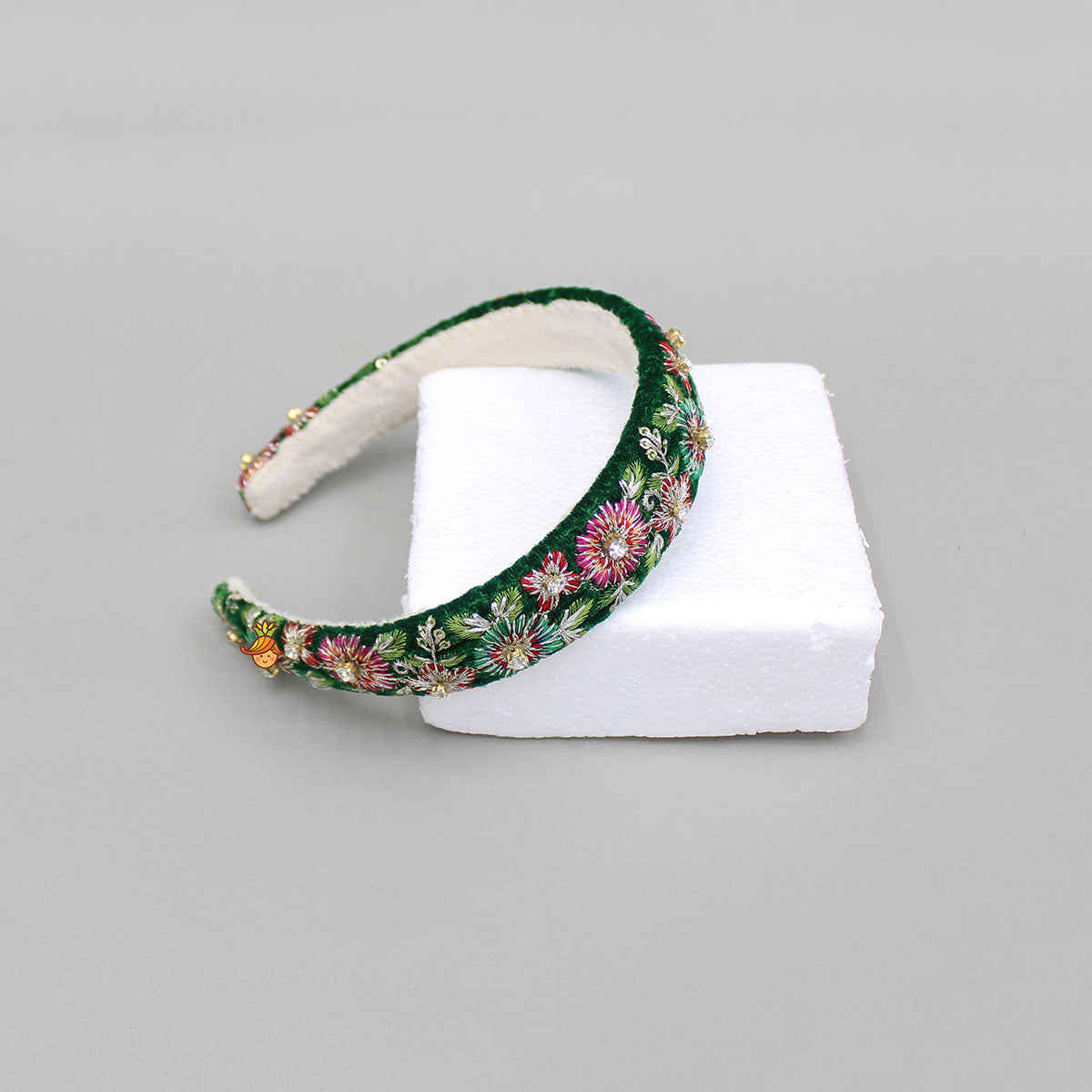 Green Velvet Floral Embroidered Hairband