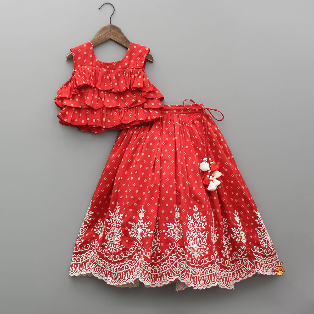 Pre Order: Red Chanderi Printed Ruffled Top And Embroidered Lehenga