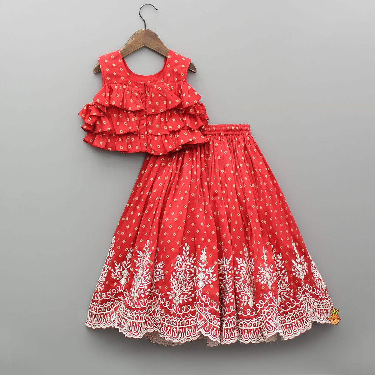 Pre Order: Red Chanderi Printed Ruffled Top And Embroidered Lehenga