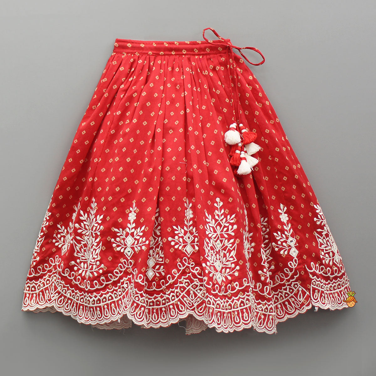 Pre Order: Red Chanderi Printed Ruffled Top And Embroidered Lehenga