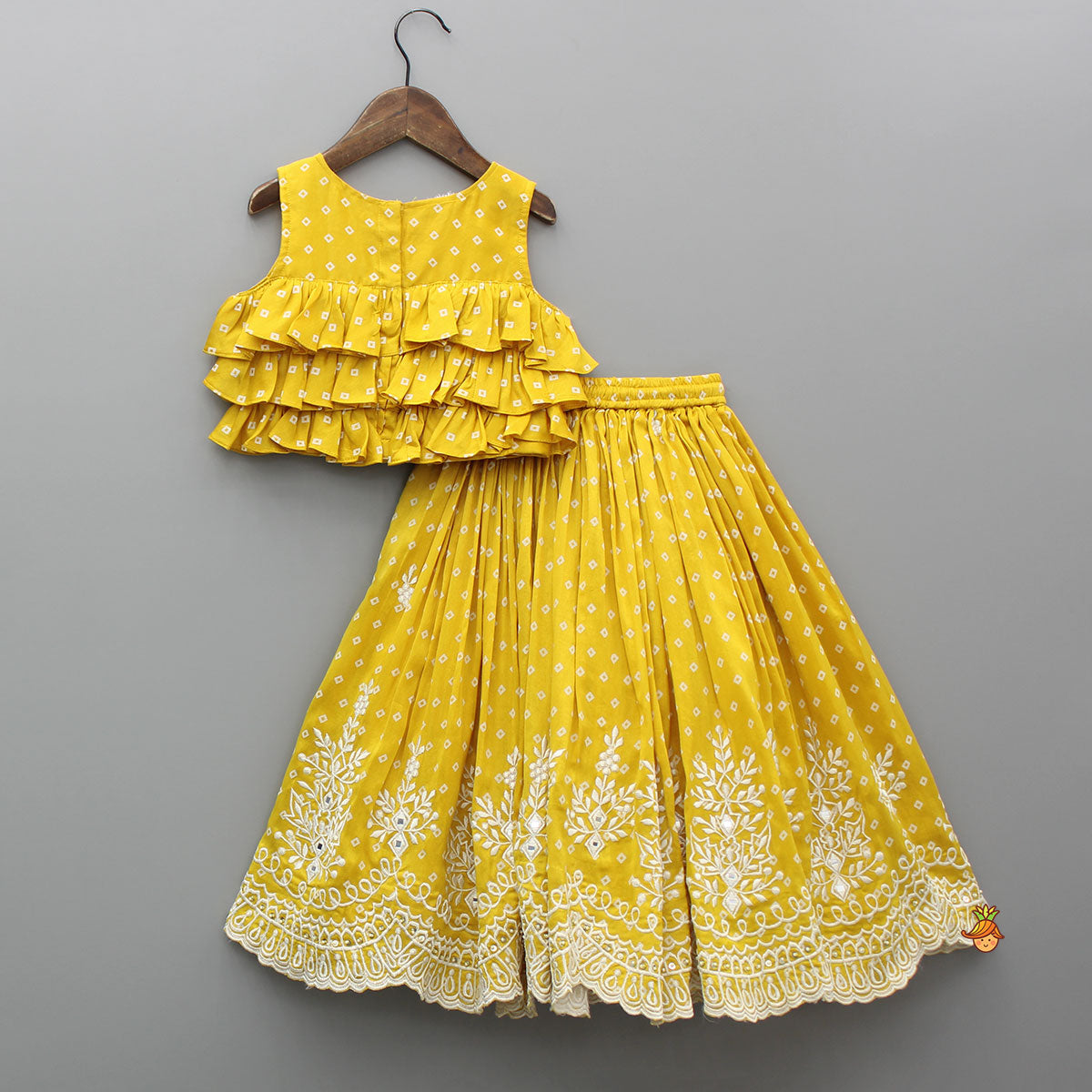 Pre Order: Chanderi Printed Mustard Ruffled Top And Embroidered Lehenga