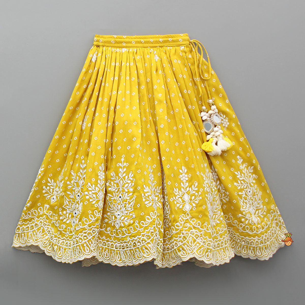 Pre Order: Chanderi Printed Mustard Ruffled Top And Embroidered Lehenga