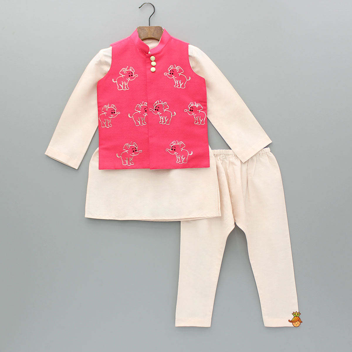 Pre Order: Plain Kurta With Embroidered Pink Jacket And Pyjama