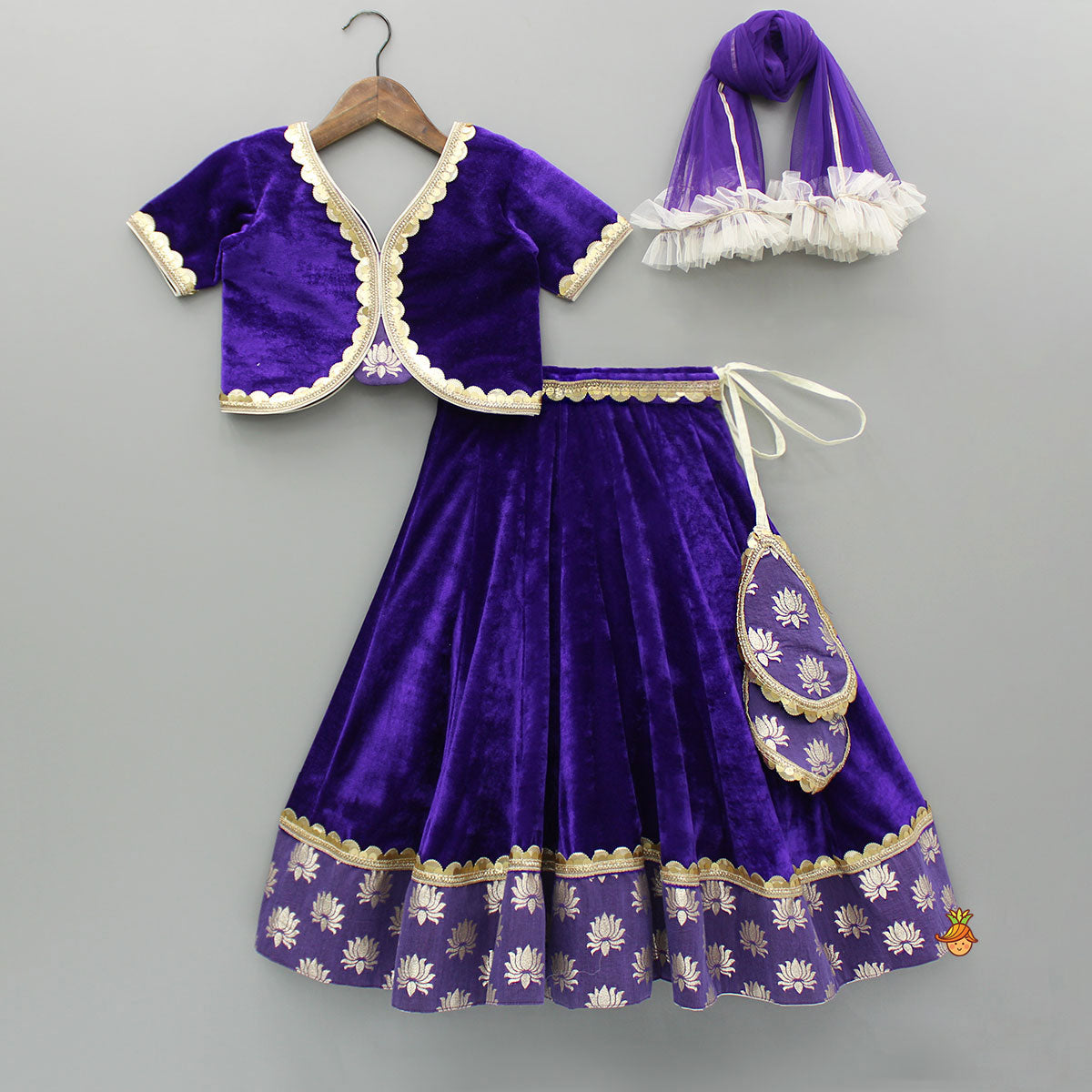 Pre Order: Purple Velvet Lace Detailed Top And Lehenga With Dupatta