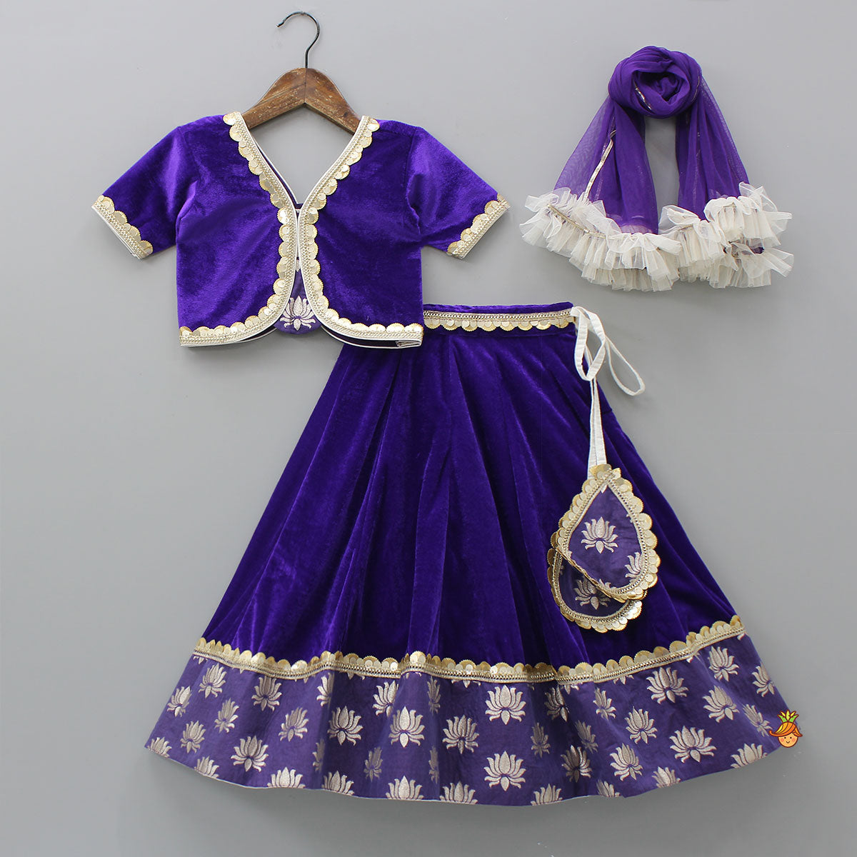 Pre Order: Purple Velvet Lace Detailed Top And Lehenga With Dupatta