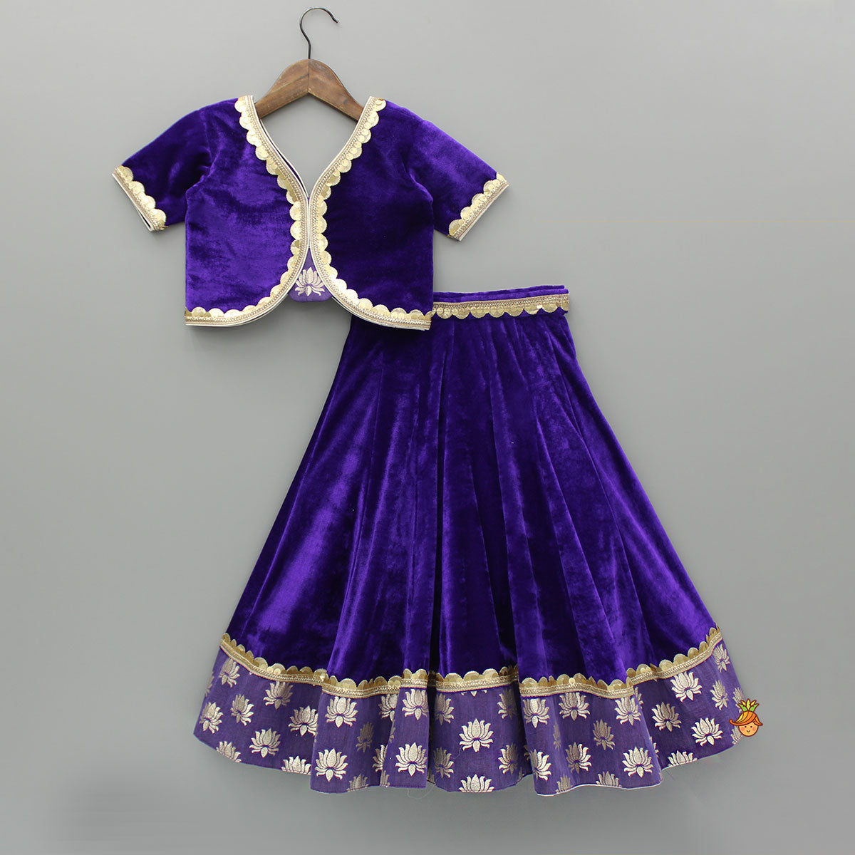 Pre Order: Purple Velvet Lace Detailed Top And Lehenga With Dupatta