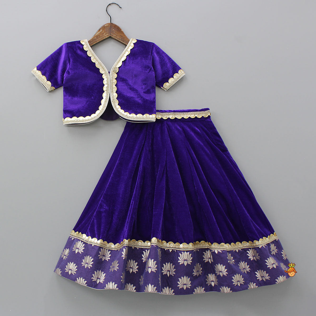 Pre Order: Purple Velvet Lace Detailed Top And Lehenga With Dupatta