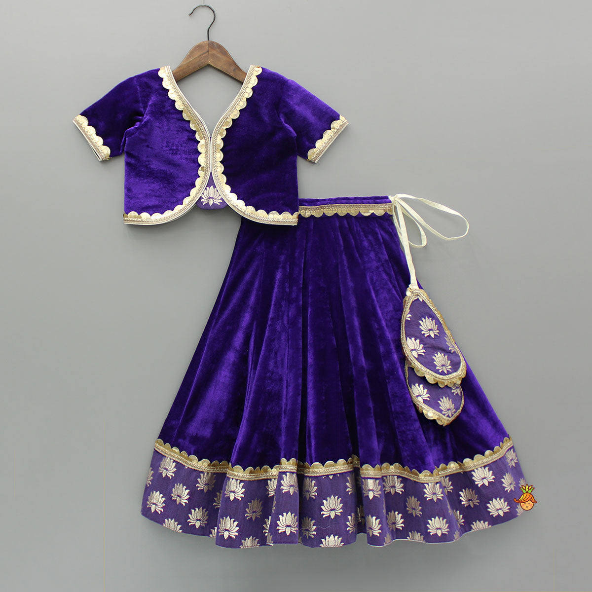 Pre Order: Purple Velvet Lace Detailed Top And Lehenga With Dupatta