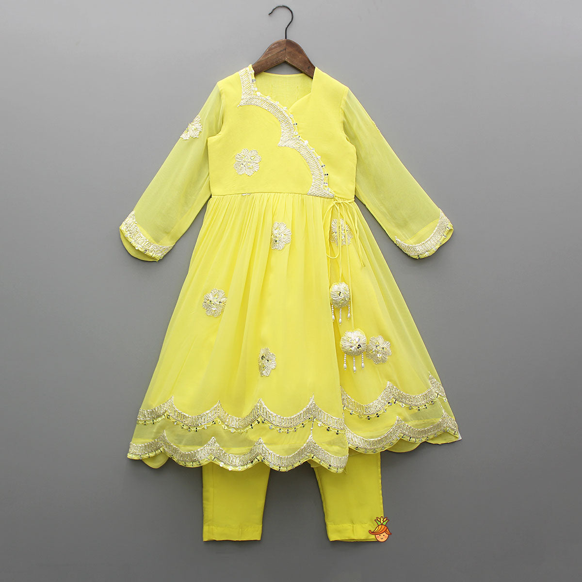 Pre Order: Yellow Embroidered Long Kurti And Pant