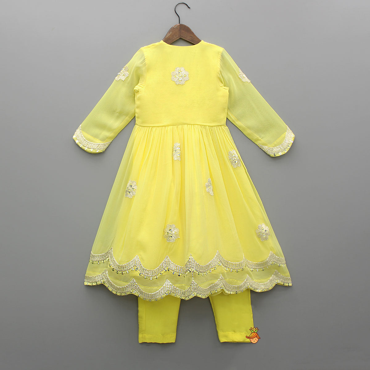 Pre Order: Yellow Embroidered Long Kurti And Pant