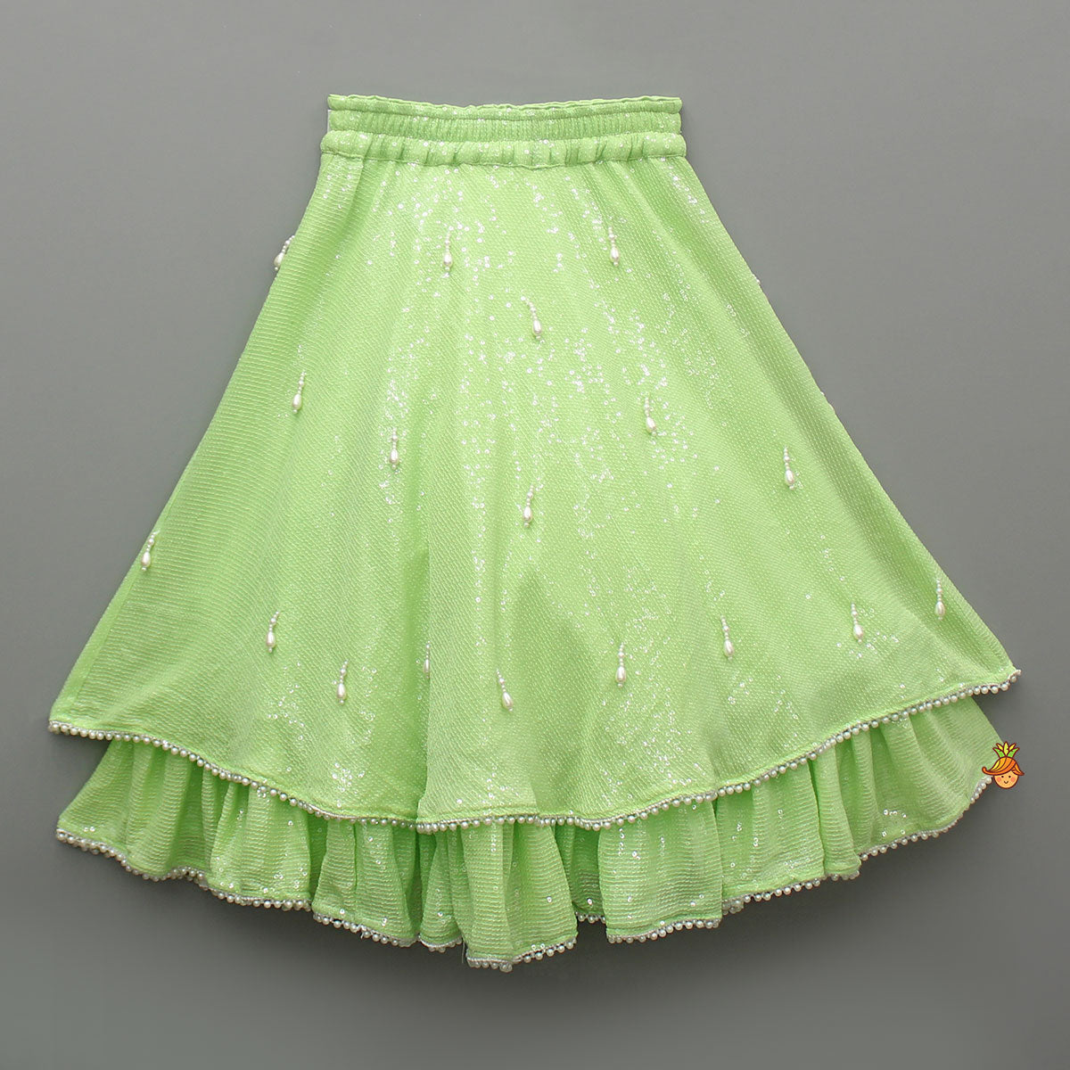 Pre Order: Dual Tone Embellished Embroidered Top And Green Lehenga With Matching Potli Bag