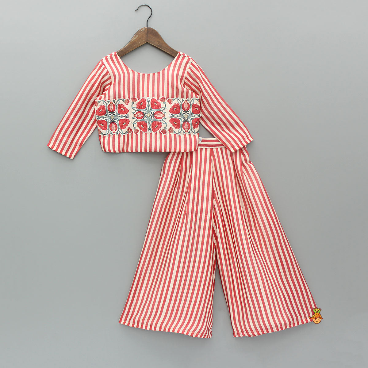 Pre Order: Red Striped Top With Printed Embroidered Patch And Palazzo