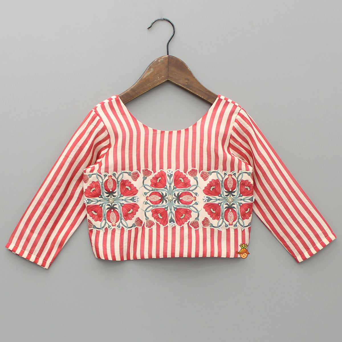 Pre Order: Red Striped Top With Printed Embroidered Patch And Palazzo