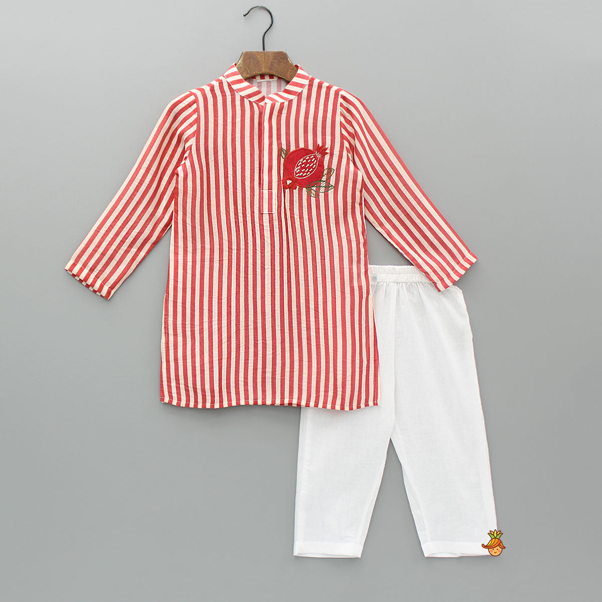 Pre Order: Red Striped Kurta With Embroidered Patch And Pyjama