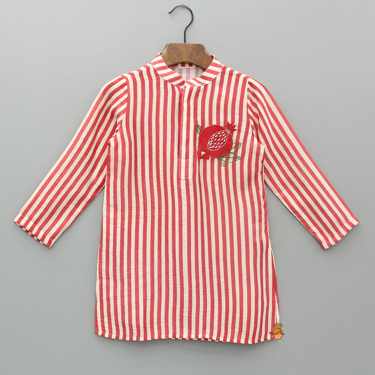 Pre Order: Red Striped Kurta With Embroidered Patch And Pyjama