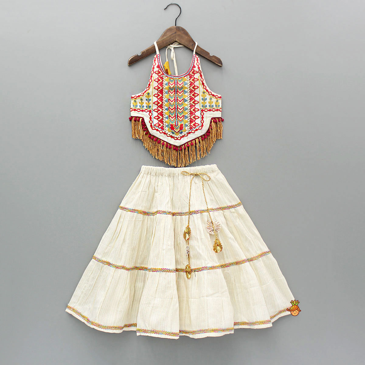 Thread Embroidered Halter Neck Top And Off White Lehenga