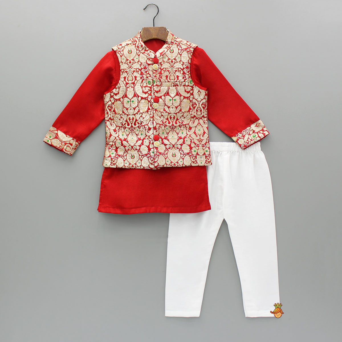 Pre Order: Red Kurta With Brocade Jacket And Pyjama