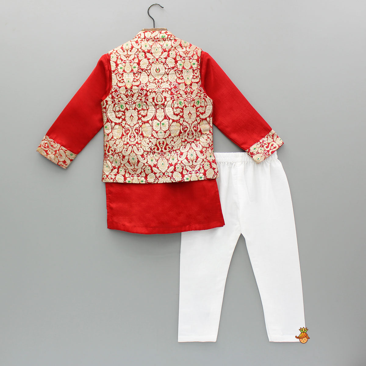 Pre Order: Red Kurta With Brocade Jacket And Pyjama