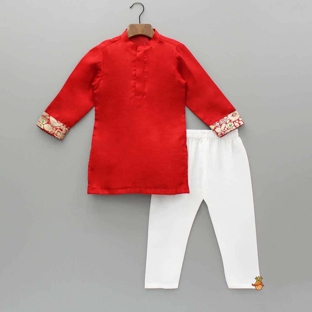 Pre Order: Red Kurta With Brocade Jacket And Pyjama