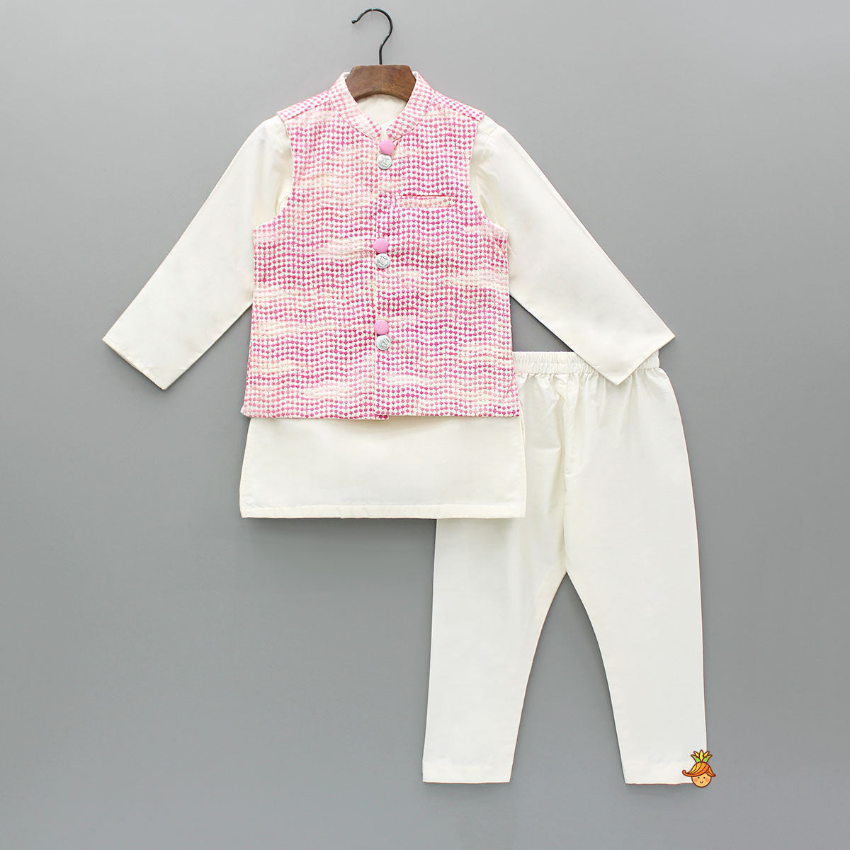 Pre Order: Off White Kurta With Embroidered Jacket And Pyjama