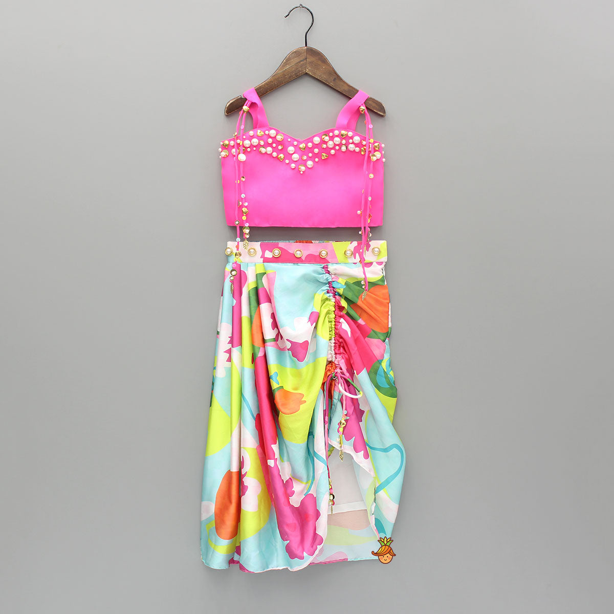 Pre Order: Pink Embellished Strappy Top And Printed Draped Skirt