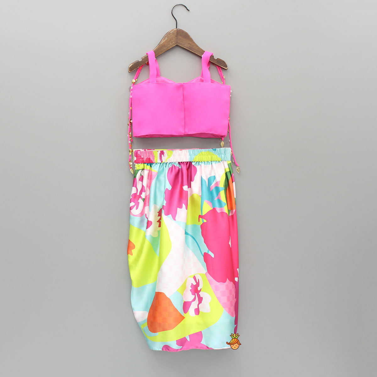 Pre Order: Pink Embellished Strappy Top And Printed Draped Skirt