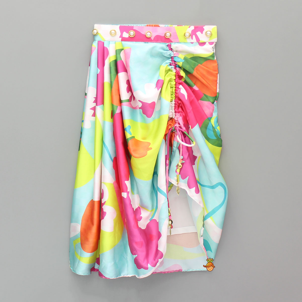 Pre Order: Pink Embellished Strappy Top And Printed Draped Skirt