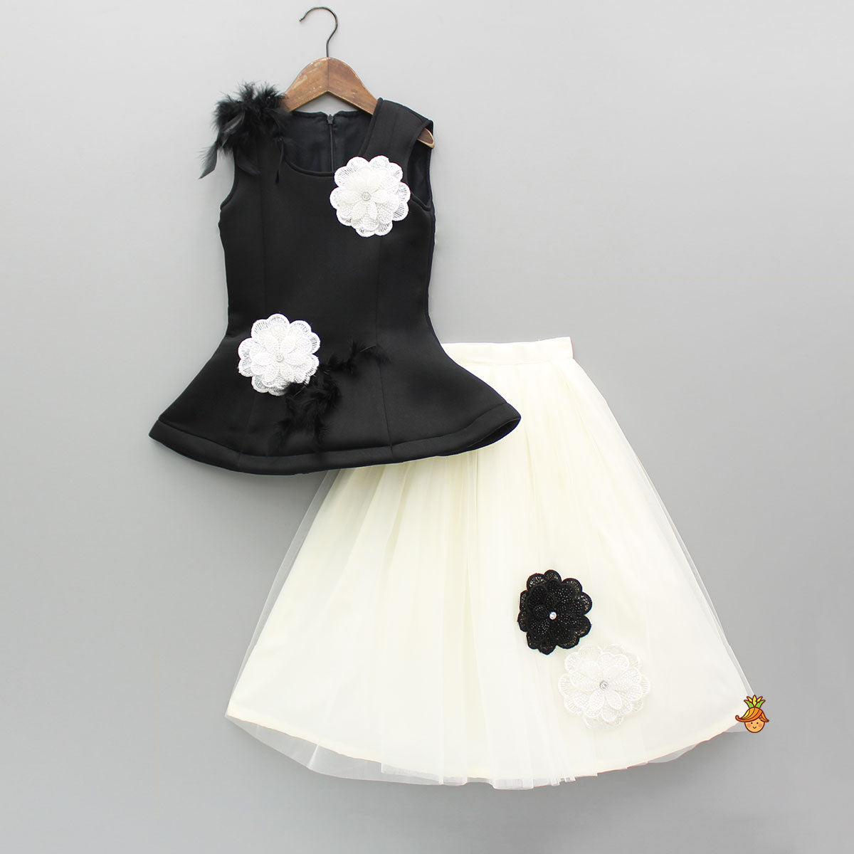 Pre Order: Black Artificial Flowers Embellished Top And Lehenga