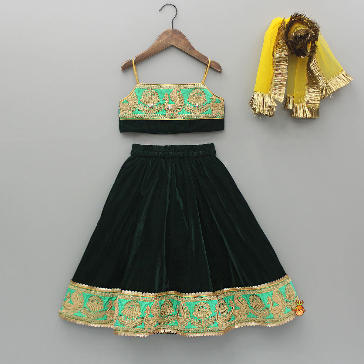 Pre Order: Green Velvet Embroidered Strappy Top And Lehenga With Fringed Dupatta